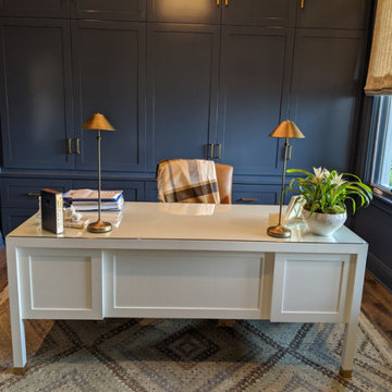 Elegant Home Office in Shaker / Mission Style with Custom Blue Cabinetry & Desk