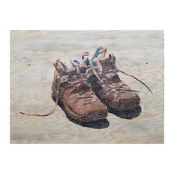 Rustic Wall Art - Hiking Shoes, 28" x 18" On Plywood - Artwork
