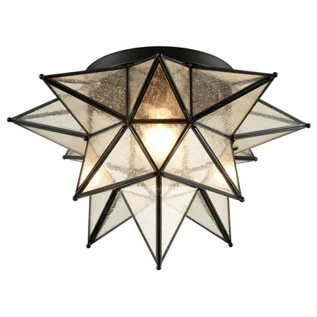 Moravian Star Ceiling Light,Glass, Black,18 Inch, Seeded Glass