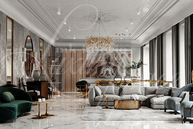 Пример оригинального дизайна: гостиная комната в стиле неоклассика (современная классика)