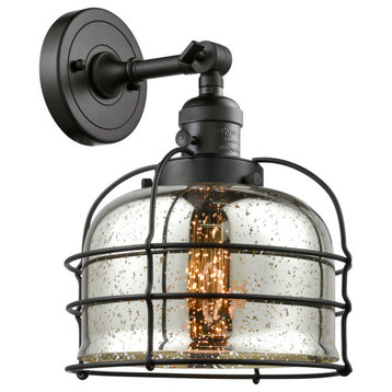 Large Bell Cage 1-Light LED Sconce, Matte Black, Glass: Silver Mercury