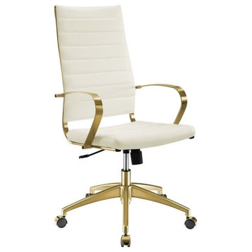 Pemberly Row Faux Leather Stainless Steel Highback Office Chair in Gold / White