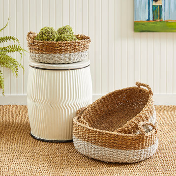 Set of 3 Two Tone Woven Sea Grass Shallow Round Storage Basket White Natural