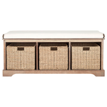 Brady Wicker Storage Bench, Graywash/White