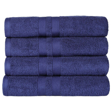 4 Piece 100% Cotton Solid Bath Towel Set, Navy Blue