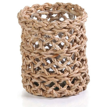 9.5" Tall Seagrass Woven Hurricane Candle Holder, Glass Insert