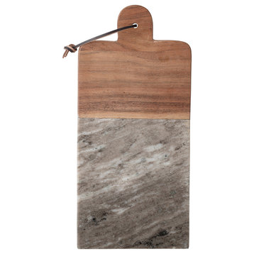 Marble/Acacia Wood Cutting Board/Tray With Knife/Leather Tie, 2-Piece Set