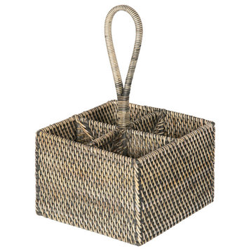 Loma Rattan Bottle and Silverware Caddy, Black-Wash