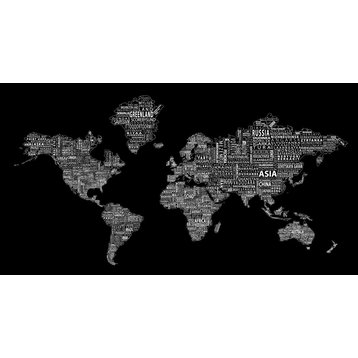 1-World Text Map Wall Mural, White on Black, Wallpaper, 8 panel, 166x89"