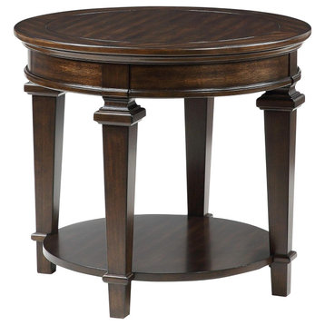 Traditional End table, Carved Wood Legs With Bottom Shelf & Round Top, Espresso