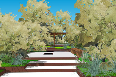 Photo of a large contemporary back garden in London with natural stone paving.
