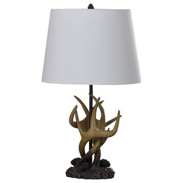 26" Natural And Brown Antlers Table Lamp With White Shade