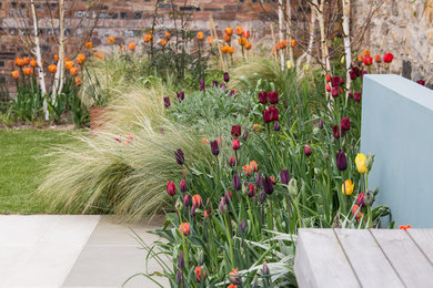 Small contemporary backyard partial sun garden in Edinburgh with natural stone pavers.