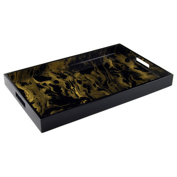 Lacquer Rectangle Tray, Black and Gold Marble