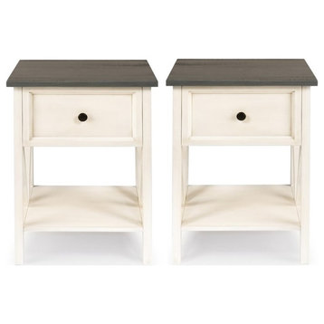 Rustic V-Frame 1-Drawer End Table Set in Gray/White Wash