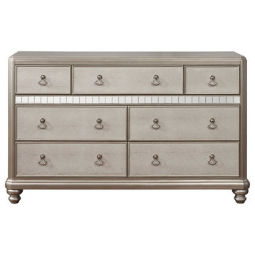 Glamorous Dresser, 7 Large Drawers With Elegant Pull Handles, Metallic Platinum