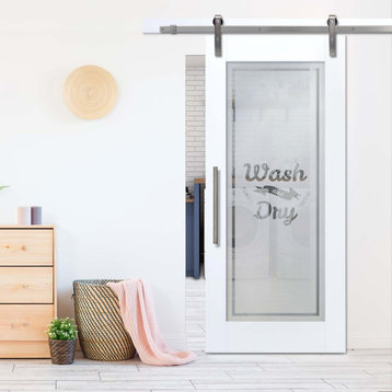 Laundry Sliding Barn Door with 8 Different Frosted Designs, 36"x84" Inch, Stainless Steel Hardware