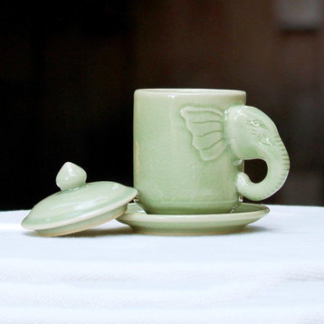Chiang Mai Elephant Celadon Ceramic Cup and Saucer