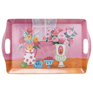 Bamboo Fiber Tray With Flowers, Vases Design and Handles, Multicolor