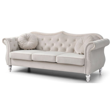 Hollywood Velvet Tufted Sofa, Ivory