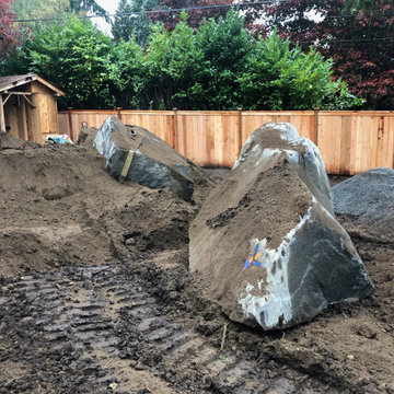 Bocce Ball Court, Pond, Granite Rocks and Dimensonal Flagstone