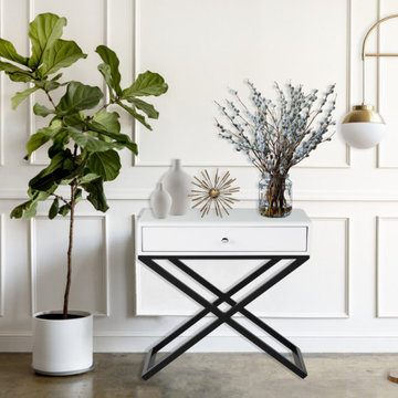 Koda Wooden End Side Table Nightstand with Glass Top, Drawer and Metal Cross Bas