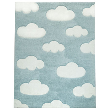 Kids Rug With Charming Clouds, Pastel Blue, 2'8"x4'11"