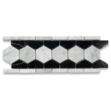 Carrara Marble 2" Hexagon Mosaic Border Listello White Black Polished, 1 sheet