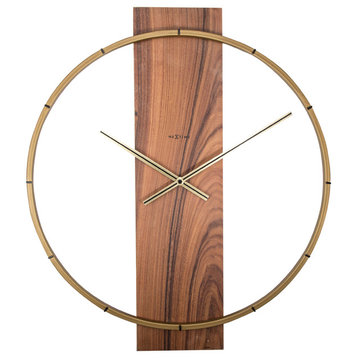 Carl Wall Clock, Round, Wood and Metal, Brown, Battery Operated