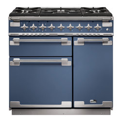 Falcon Elise 90 Dual Fuel in Stone Blue with brushed nickel trim - Cooktops