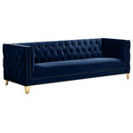 Meridian Furniture - Michelle Fabric Upholstered Chair, Gold Iron Legs, Navy, Velvet, Sofa - Upholstered in soft navy velvet, this Michelle sofa is sumptuously glamorous. Designed for upscale living, this chair features rich gold nail head trim and gold iron legs that keep it grounded in contemporary beauty. Tufted material covers every inch of this unit, and button tufting ensures that the unit stays plump and comfortable and holds up well to continual use. Pair it with other items in the collection for a cohesive look.