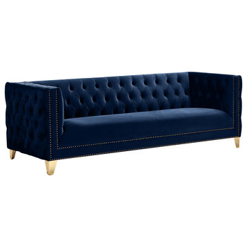 Michelle Fabric Upholstered Chair, Gold Iron Legs, Navy, Velvet, Sofa