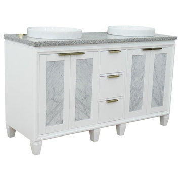 61" Double Sink Vanity, White Finish With Gray Granite And Round Sink