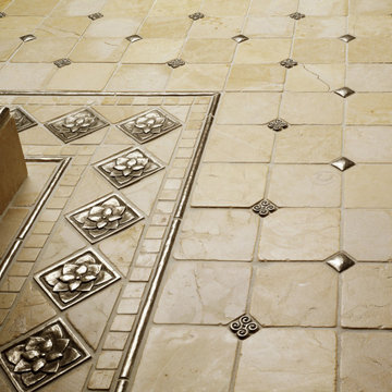 Traditional Bronze Lotus, Pinwheel, Cabochon with Cream Marble Floor