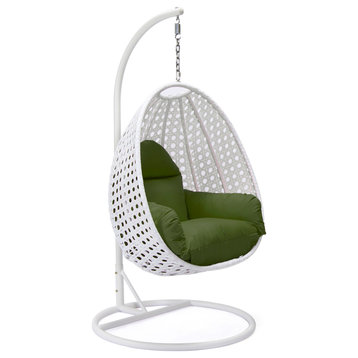 LeisureMod White Wicker Hanging Egg Chair With Stand and Cushion, Dark Green