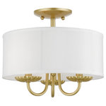 Livex Lighting - Livex Lighting 3 Light Soft Gold Semi-Flush Mount - The three-light Brookdale semi-flush combines floral details and casual elements to create an updated look. The hand-crafted off-white fabric hardback drum shade is set off by an inner silky white fabric that combines with chandelier-like soft gold finish sweeping arms which creates a versatile effect. Perfect fit for the living room, dining room, kitchen or bedroom.
