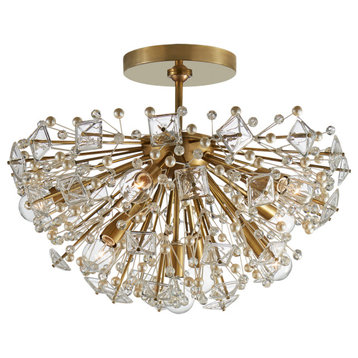 Dickinson Medium Semi-Flush in Soft Brass with Clear Glass and Cream Pearls