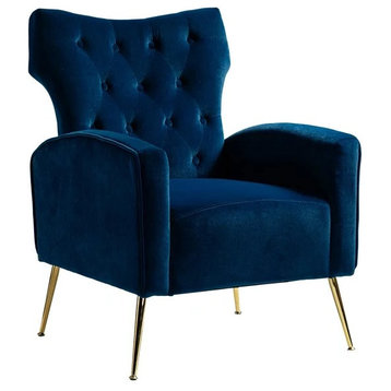 Elegant Accent Chair, Golden Legs With Velvet Seat and Tufted Wingback, Navy