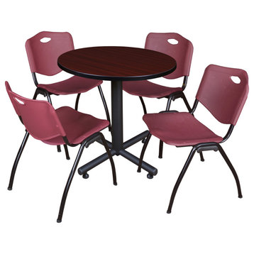 Kobe 30" Round Breakroom Table- Mahogany & 4 'M' Stack Chairs- Burgundy