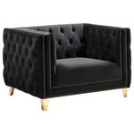 Meridian Furniture - Michelle Fabric Upholstered Chair, Gold Iron Legs, Black, Velvet, Chair - Upholstered in soft black velvet, this Michelle chair is sumptuously glamorous. Designed for upscale living, this chair features rich gold nail head trim and gold iron legs that keep it grounded in contemporary beauty. Tufted material covers every inch of this unit, and button tufting ensures that the unit stays plump and comfortable and holds up well to continual use. Pair it with other items in the collection for a cohesive look.