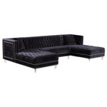 Meridian Furniture - Moda Velvet Upholstered 3-Piece Sectional, Black - Grab a friend and get comfortable on this beautiful Moda black velvet three-piece sectional sofa. This astounding sectional epitomizes luxurious living and features lots of room for the whole gang to get comfortable. Double chaise lounges on each end gives you space for stretching out for a quick cat nap, while deep tufting adds to the luxurious appeal of this unit. Acrylic lucite legs and a sturdy frame make this sectional a durable addition to your living room or den, while the included pillows give a homey slant to an otherwise uber contemporary sectional.