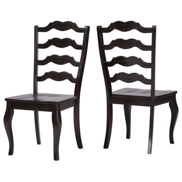 Set of 2 Dining Chair, Rubberwood Frame With Wavy Ladder Back, Antique Black