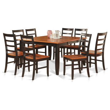 Parf9-Blk-W, 9-Piece Dining Set, Square Table With Leaf and 8 Dining Chairs