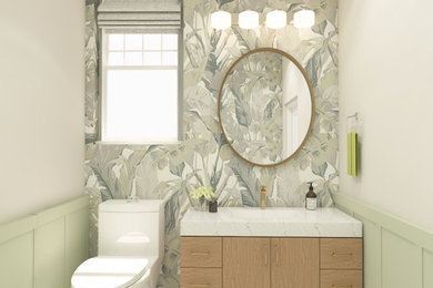 Example of a small minimalist porcelain tile, gray floor and wallpaper powder room design in Dallas with flat-panel cabinets, brown cabinets, a two-piece toilet, green walls, an integrated sink, quartzite countertops, white countertops and a freestanding vanity