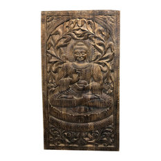Consigned Vintage Buddha Wall Sculpture Hand Carved Wood Art Panels Décor