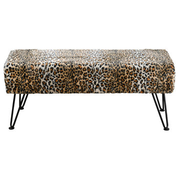 Leopard Faux Fur Bench With Black Legs, 46''x16''x17''