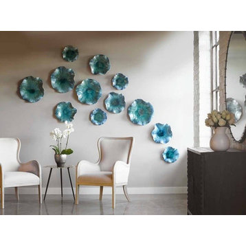 Turquoise Aqua Lily Pad Wall Art, 3-Piece Set, Flower Sculpture Blue Hanging