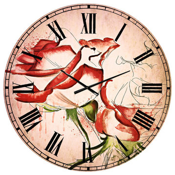 Fantastic Red Roses Watercolor Floral Large Metal Wall Clock, 36x36