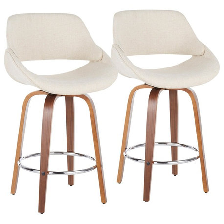 Fabrico Mid-Century Modern Counter Stool, Walnut and Cream Fabric, Set of 2