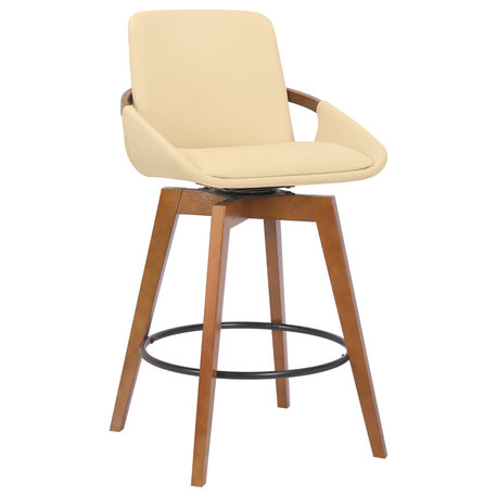 Baylor Swivel Wood Stool, Faux Leather, Cream/Walnut, 26" Counter Height